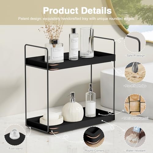 Forbena Black Bathroom Counter Organizer, Tiered Bathroom Organizer Countertop Tray, Corner Makeup Vanity Shelf Organizers and Storage for Men Perfume Skin Care Kitchen Sink Coffee Bar Station - Image 4