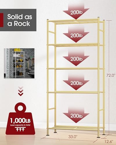 Sakugi Storage Shelves - 5 Tier Shelf Organizer, Heavy Duty Garage Shelving Unit with Leveling Feet, Stable Metal Shelves Organizer for Pantry, Kitchen and Closet, 33.0" W x 12.6" D x 72.0" H, Gold - Image 3