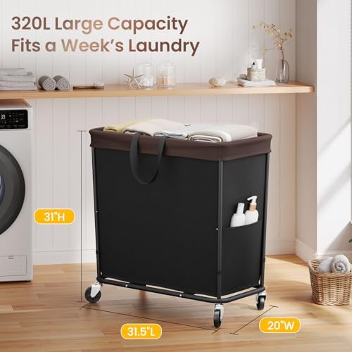 320L Laundry Basket with Wheels, 3-Section Rolling Hamper for Laundry, Extra Large Laundry Hamper with Wheels, Clothes Hamper Rolling Laundry Basket for Home, Bathrooms and Dorm(Black) - Image 2