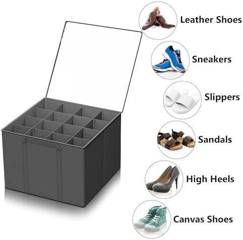 SUOCO 2 Pack Shoe Organizer for Closet, Fits up to 32 Pairs, Small Space Shoe Storage Boxes Bins Containers w/Adjustable Dividers and Clear Top, Grey - Image 6