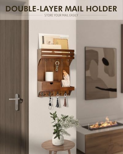 Rebee Vision Key Holder Wall Mount with Drawer Organizer for Entryway,Brown - Image 2