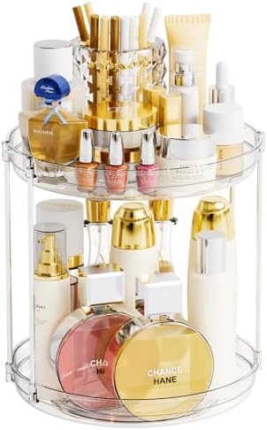 Yieach Clear 360 Rotating Bathroom Counter Organizer,2 Tier Spinning Perfume Organizer and Makeup Tower for Lotion,Hair,Face Skincare Beauty Products,Tiered Lazy Susan and Makeup Organizers for Vanity by Yieach