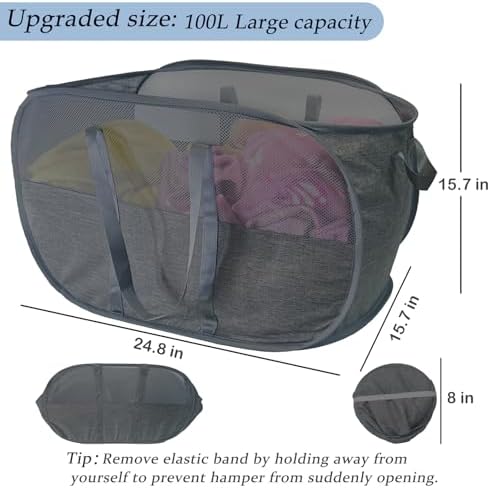 Extra Large Mesh Pop Up Laundry Hamper 2 Pack,100L Collapsible Laundry Baskets, Dirty Clothes Hamper with Reinforced Handles, Folding Hampers for Travel, Nursery, Dorm or Home. Black - Image 2