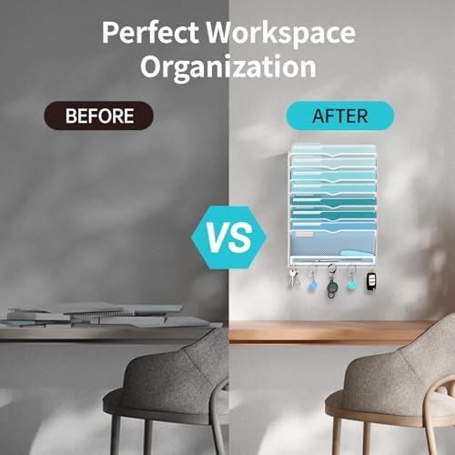 8-Tier Wall File Organizer and Mail Organizer with 5 Hooks, White - Image 7
