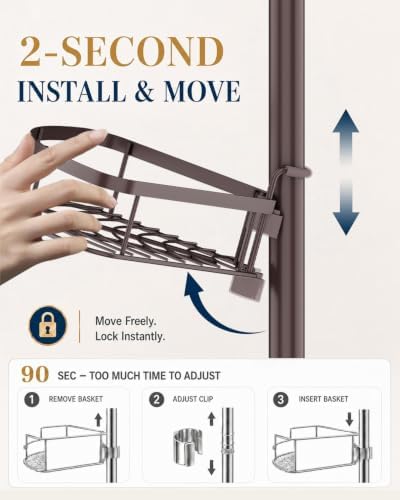 SEIRIONE Rustproof Shower Corner Caddy Organizer for Bathroom, Tension Pole with 4 Baskets, for Bathtub Storage Rack, 34 to 116 Inch Height, Bronze - Image 2