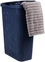Mind Reader Slim Laundry Hamper with Lid, 40L Clothes Basket, Narrow Tapered Design with Ventilated Cutout Pattern, Plastic, Navy by MindReader