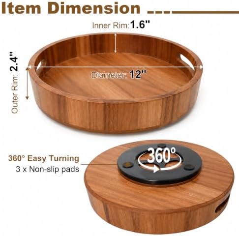 Wooden Lazy Susan – 12 in Acacia Wood Turntable Organizer for Cabinet，Multi-Purpose Home Decor Rotating Tray for Bathroom Accessories, Bedroom Makeup Organizer & Countertop Storage - Image 2