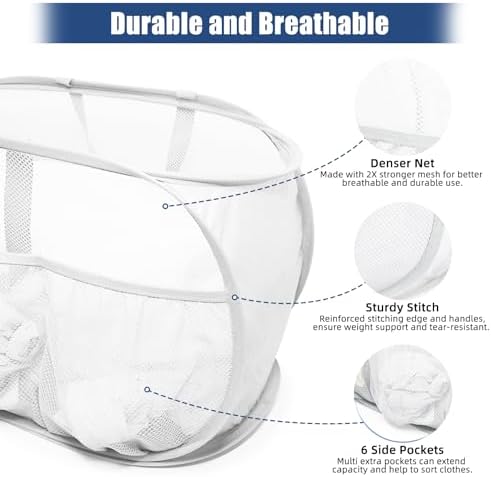 2 Pack Collapsible Laundry Baskets, Upgrade Pop Up Laundry Hamper with Convenient Bags, Foldable Laundry Basket Mesh Light Weight, Easy to Carry Clothes Hampers for Laundry, Dorm, Toys, Travel White - Image 6
