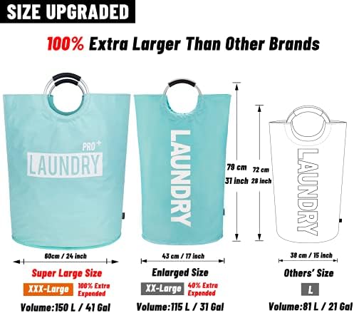 Caroeas Super Large 150L Laundry Hamper Pro, Waterproof Laundry Basket, Clothes Hamper Stands Up Well, Laundry Bag with Padded Handles, Collapsible Laundry Basket Easy Storage (Light Blue) - Image 3