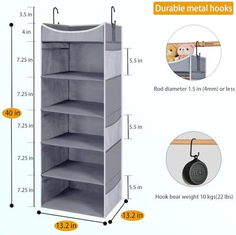 5-Shelf Hanging Closet Organizer and Storage with Side Pockets, Collapsible Closet Hanging Shelves for Storage, Grey - Image 2