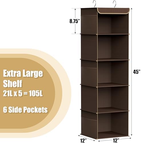 Simple Houseware 5 Shelf Hanging Closet Organizer, Brown | 360° Rotating Dual Hooks, Top Support Metal Frame, 6 Side Mesh Pockets - Image 3