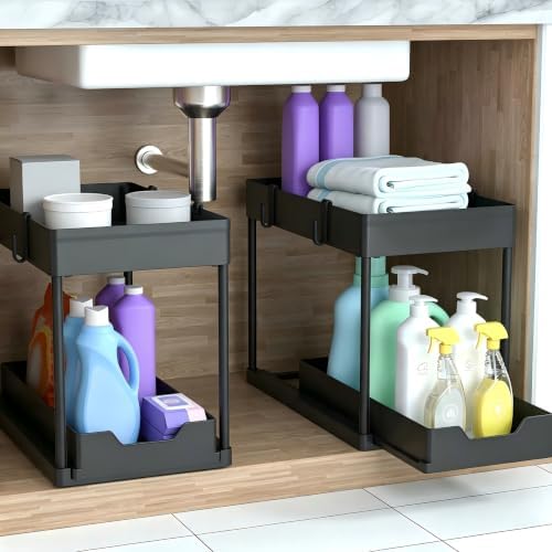 Under Sink Organizer 2 Pack,2 Tier Slide Out Storage for Kitchen Bathroom - Image 2