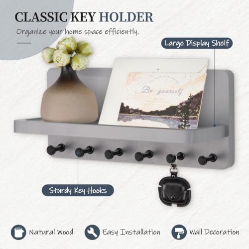 Nekon Key Holder for Wall with Shelf, Pine Wooden Key Hanger, Gray - Image 2