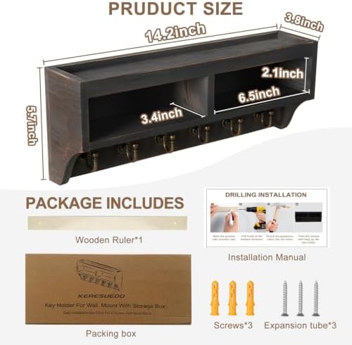 Key Holder Wall Mount with Mail Organizer, 6 Hooks & Shelf, Black - Image 6