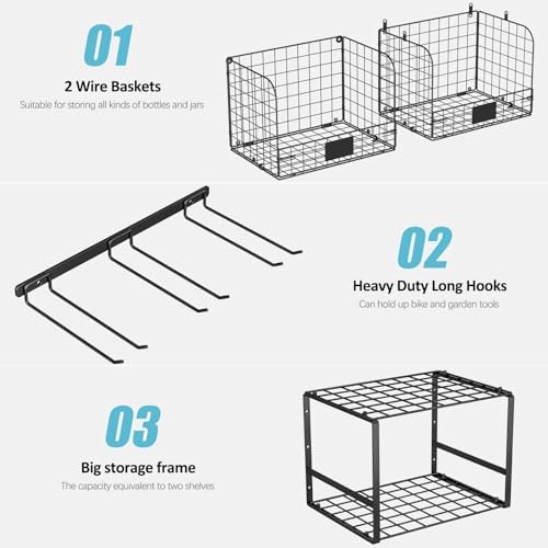 ThreeHio Garage Shelf Wall Mounted with Wire Baskets, Heavy Duty Garage Wall Shelving with Garden Tool Rack and Hooks, Wire Shelf Baskets Tool Organizer for Home Garden Yard Organization and Storage - Image 6