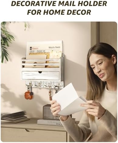 Rebee Vision Mail Organizer Wall Mount with Drawer for Entryway, Whitewash - Image 3