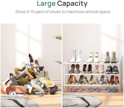 viewcare 3-Tier Long Shoe Rack, Bamboo Wood Shoe Rack for Closet, Entryway & Hallway, Stackable White Shoe Shelf Storage Organizer for Indoor Outdoor - Image 5