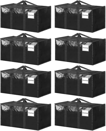 8 Pack Extra Large Clothes Storage Bins with Lids, Moving Bags,Black | Storage Bags with Reinforced Handles & Heavy-Duty Zippers, Moving Boxes Totes for Clothes Packing, Dorms, College Supplies by ukeetap