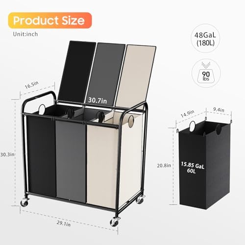 180L Laundry Sorter 3 Section, Rolling Laundry Basket with Wheels and Lid - Image 2