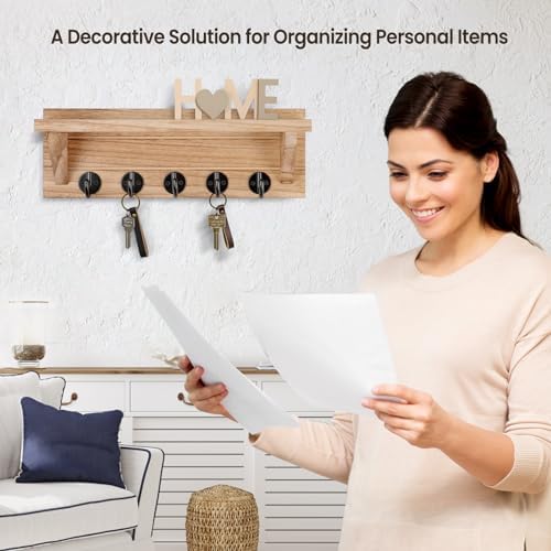 Lwenki Wall Key Holder, Rustic Shelf with Hooks Made of Paulownia Wood Holds Keys, Dog Leash, Bags and More - 13.7" W x 4.7" H x 3.5" D Decorative Key Hanger and Entryway Shelf - Image 5