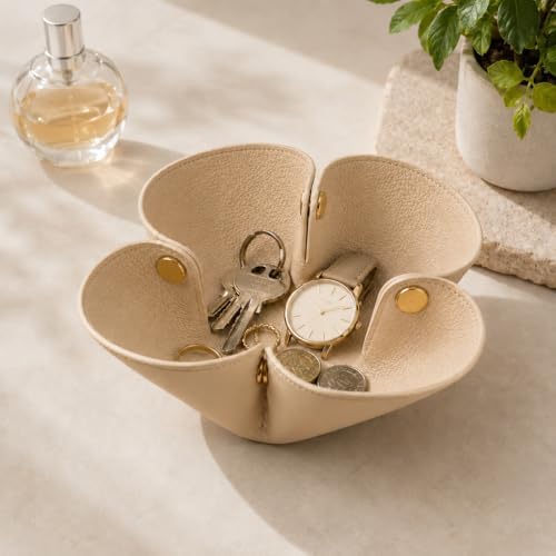 Grained Faux Leather Flower Shaped Valet Tray Large, Beige - Image 2