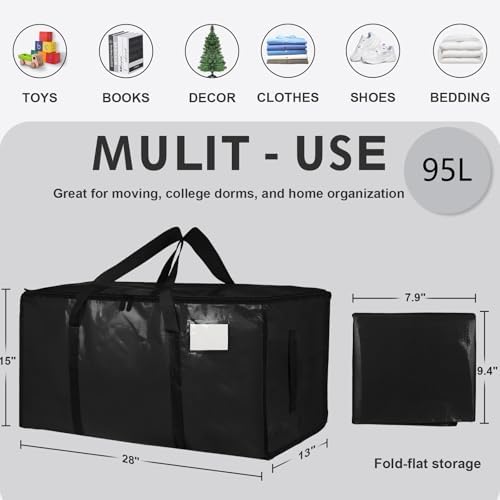 8 Pack-Extra Large Heavy Duty Moving Bags - Waterproof Storage Totes with Handles & Zippers, Foldable for College Dorm, Storage (Black) - Image 2