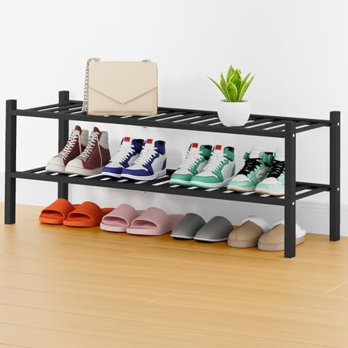 Smiry Bamboo Shoe Rack, 16 Vertical Slats, 2 Tier - 33.7" Wide, Black by Smiry