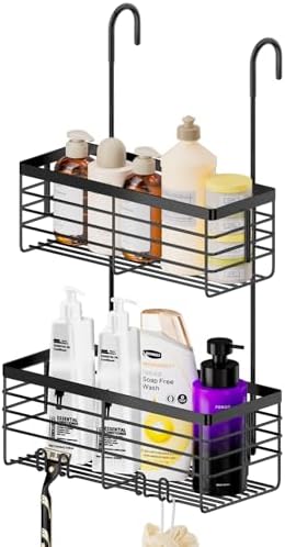 SHANSHUI Shower Hanging Caddy, Double Bathroom Showers Organizer Basket, Shampoo Bracket, Over Door Shower Rack with Hooks, 304 Stainless Steel Rustproof by SHANSHUI