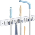 White Broom Holder Wall Mount - Heavy Duty Wood Mop and Broom Organizer with 3 Slots & 4 Hooks - Garden Tool Hanger for Laundry Room Closet Kitchen Garage Storage and Organization - Modern Home Decor by Unknown