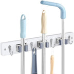 White Broom Holder Wall Mount - Heavy Duty Wood Mop and Broom Organizer with 3 Slots & 4 Hooks - Garden Tool Hanger for Laundry Room Closet Kitchen Garage Storage and Organization - Modern Home Decor by Unknown