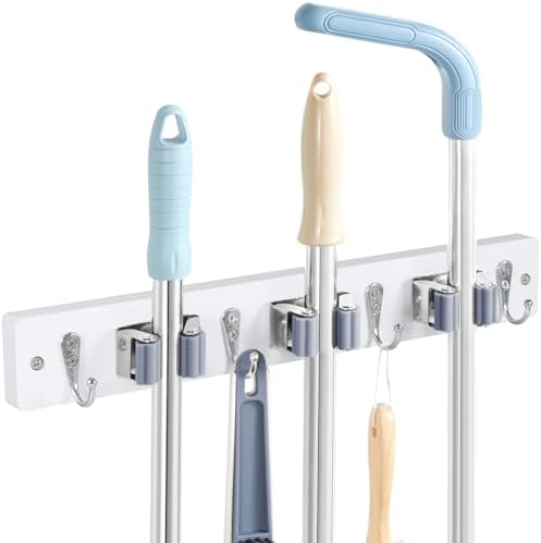 White Broom Holder Wall Mount - Heavy Duty Wood Mop and Broom Organizer with 3 Slots & 4 Hooks - Garden Tool Hanger for Laundry Room Closet Kitchen Garage Storage and Organization - Modern Home Decor by Unknown