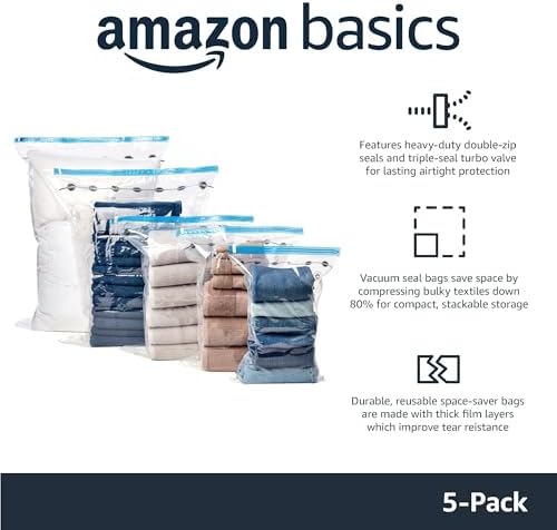 Amazon Basics Vacuum Storage Bags for Clothes, Compression Zipper with Hand Pump, Medium, White, Sky Blue, 5-Pack - Image 2