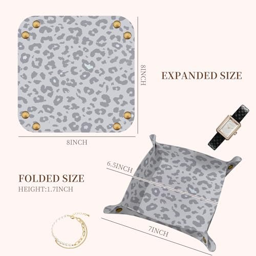 PU Leather Jewelry Valet Tray, Portable Catchall Tray for Keys, Wallet, Watch,Travel Jewelry Tray Organizer for Nightstand Desk Entryway Home Decor Gift for Women Men Grey Leopard Print - Image 5