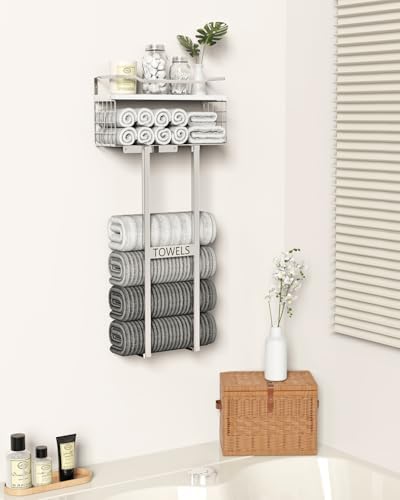 Aetyord Towel Racks for Bathroom - Wall Mounted Metal Rack with Wood Plank, Bathroom Storage Organizer, Towel Holder Stores 6 Large Rolled Towels Easily, Silver with White Plank - Image 4