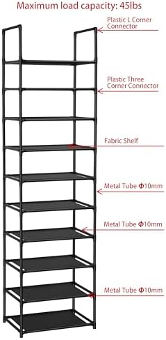 FIDUCIAL HOME 10 Tiers Shoe Rack Organizer 20 Pairs Tall Shoe Shelf | Tall Narrow Space Saving for Closet Entryway Dorm, Easy to Assemble, 17"L x 11"W x 68.8"H, Black - Image 6