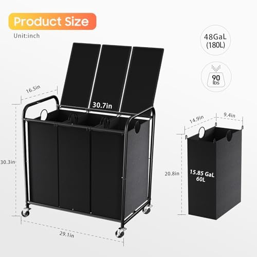 180L Laundry Sorter 3 Section, Rolling Laundry Basket with Wheels and Lid - Image 2
