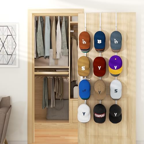 HapiRm Over Door Hat Rack - 3 Packs Hat Organizer with 12 Hooks Design, Hanging Baseball Cap Organizer Storage Holds Up to 60 Caps for Door, Bedroom, Closet (White) - Image 6