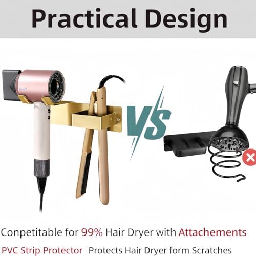 Hair Dryer and Straightener Holder, Stainless Steel Hair Dryer Stand for Bathroom, Hair Dryer Holder Wall Mounted Adhesive or Drilling, Hair Tool Organizer for Salon Barber Shops Gold BANJEKT - Image 6