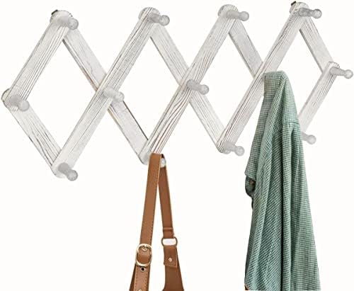 Homode Accordian Wall Hanger, Expandable Coat Rack Wall Mounted, Accordion Style Wood Hat Rack with 13 Peg Hooks for Hanging Coats, Hats, Mugs, Bags, Purses, Necklaces, Rustic White by Homode