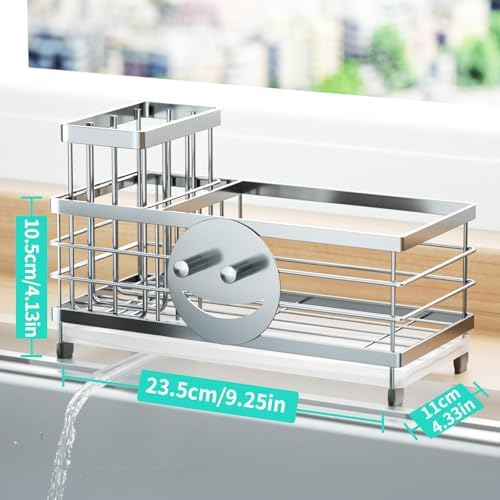 HapiRm Sponge Holder for Kitchen Sink - Self-draining Sink Caddy with Smiley Face and Brush Holder, Stainless Steel Kitchen Organizer for Countertop - Silver - Image 6