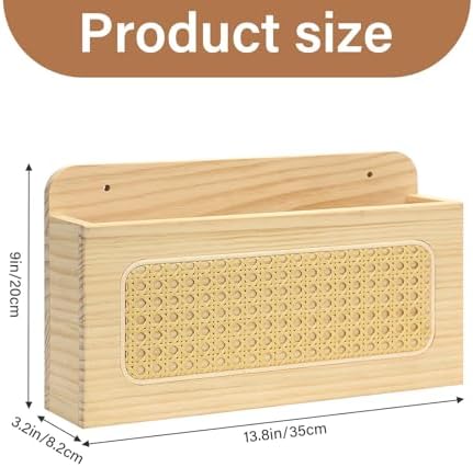 Rustic Wall Mounted Magazine Rack - Solid Wood Mail Holder with Natural Rattan Weave, Boho Floating File Organizer & Vinyl Record Display Shelf, Decorative Letter Holder for Entryway, Office (1 Pack) - Image 4