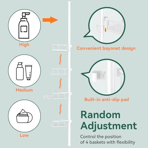 Corner Shower Caddy Tension Pole, 4 Tier Rustproof Shower Tension Rod Organizer, Adjustable 25-125 Inch Bathroom Shower Organizer Shelves for Bathtub Shampoo Storage, White - Image 5