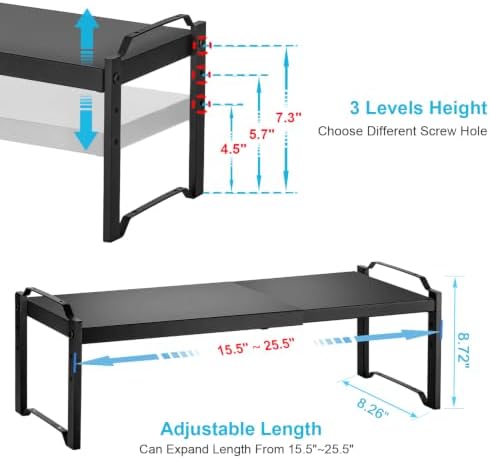 X-cosrack 25.5 Inches 2 Pack Expandable Cabinet Shelves, Stackable Shelf Organizer for Kitchen Cabinet Countertop Storage, Adjustable Counter Cupboard Pantry Organizer Shelf Rack Stand Riser, Black - Image 2