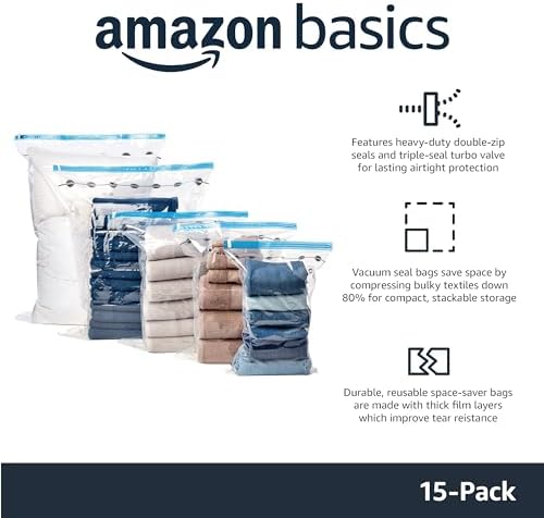 Amazon Basics Vacuum Storage Bags for Clothes, Compression Space Saving Storage Bags with Hand Pump, Reusable, Heavy-Duty Seal Protection, Multiple Sizes, White, 15-Pack - Image 2
