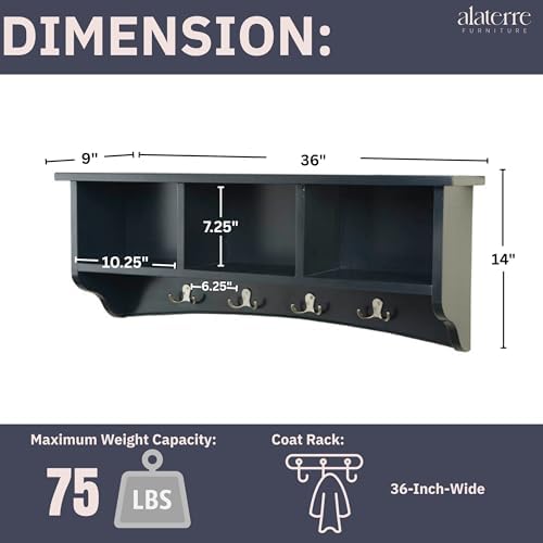 Shaker Cottage Wall-Mounted Coat Rack with 3 Storage Cubbies and 4 Coat Hooks – 36" W x 9" D x 14" H Space-Saving Entryway Organizer or Mudroom Wall Shelf by Alaterre Furniture (Charcoal Gray) - Image 3