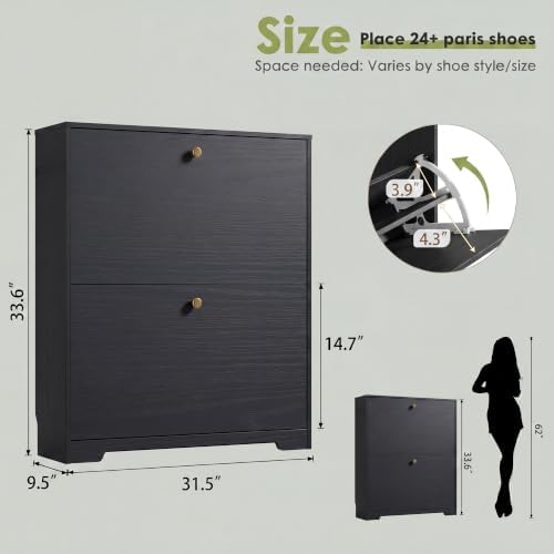Nicetree Shoe Cabinet with 2 Flip Drawers, Narrow Shoe Organizer Cabinet, Freestanding Shoe Rack Cabinet, Modern Shoe Storage Cabinet for Entryway, Hallway, Foyer, Black - Image 2