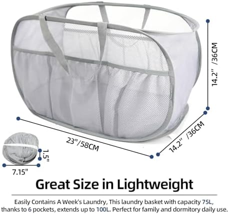 2 Pack Collapsible Laundry Baskets, Upgrade Pop Up Laundry Hamper with Convenient Bags, Foldable Laundry Basket Mesh Light Weight, Easy to Carry Clothes Hampers for Laundry, Dorm, Toys, Travel Grey - Image 3