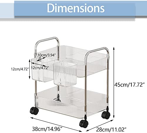 2-Tier Utility Rolling Cart Storage Organizer Sofa Side Table with Wheels, Under Desk Mobile Trolley Organizer with Handle and 2 Hanging Baskets for Office Home Kitchen Organization, Transparent - Image 7