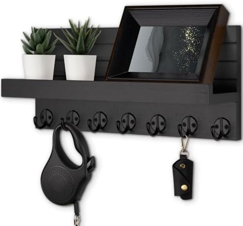 Lwenki Key Holder Wall Mount, Entryway Key and Mail Holder with 7 Sturdy Hooks for Sunglasses, Dog Leash, Decorative Wall Shelf with Mounting Hardware, 15”W x 6.7”H x 4.2”D by Lwenki