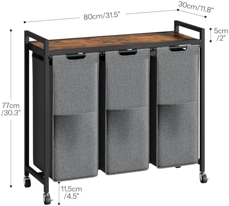 HOOBRO Laundry Sorter 3 Section, Laundry Hamper with Wheels, 3 × 11.5 Gal (43.4L), Rolling Laundry Basket, Pull-Out and Removable Oxford Fabric Laundry Bags, Rustic Brown and Grey BFG76XY01 - Image 3